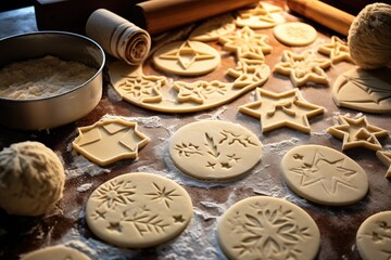 festive baking session with hands kneading dough or cookie cutters on a floured surface, promising warmth and culinary delight