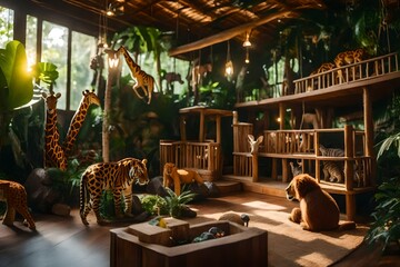 A jungle-themed playroom with treehouse-inspired furniture, plush animal toys, and imaginative adventures in a wildlife sanctuary