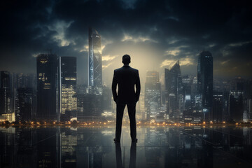 Backside portrait of male CEO Chief Executive standing on top office floor and looking at cityscape with skyscrapers and electric lights at night through wall windows. Generative AI. - Powered by Adobe