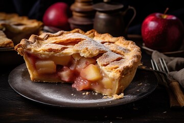 Delight in a slice of warm fruit pie on a rustic plate, capturing the flaky crust and fruity fillings amidst a charming baking scene with homemade allure