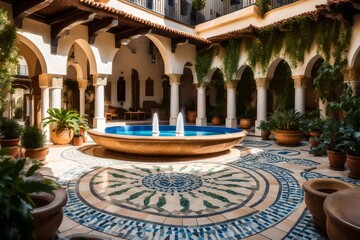 A Mediterranean-style courtyard with a central fountain, mosaic tiles, and shaded seating areas, offering an oasis of calm