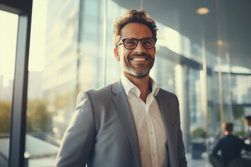 The portrait of a smiling businessman rising head up and looking at the sky isolated on an office and cityscape with sunset lights background. Generative AI.