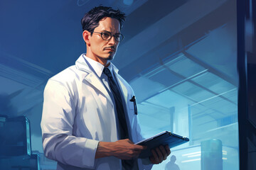 Fototapeta premium Side view oil painting illustration portrait art of a mature male doctor reading and writing on a medical document at an office hospital at night shift work. Generative AI.