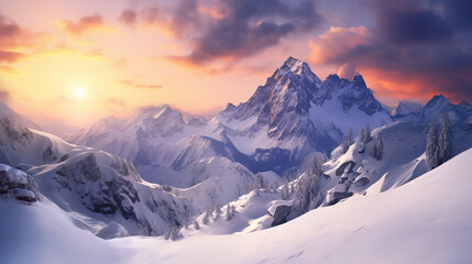 Fototapeta na wymiar beautiful nature scene with sunset in winter landscape in mountains Julian Alps