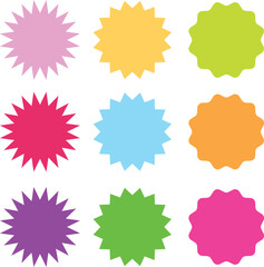 Colorful starburst sticker set. Pink, red, purple, light green, yellow, orange, green. Vector Illustration.