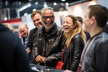 Fotobehang Close up picture of a happy and laughing staff or participant people group listening to a startup business owner at a trade show exhibition event. Generative AI. © Surachetsh