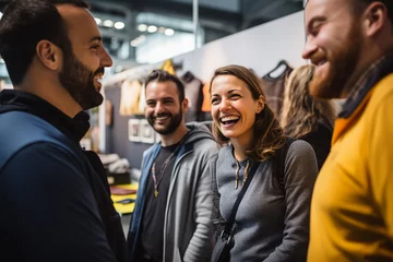 Deurstickers Close up picture of a happy and laughing staff or participant people group listening to a startup business owner at a trade show exhibition event. Generative AI. © Surachetsh