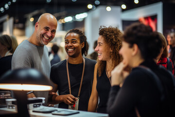 Close up picture of a happy and laughing staff or participant people group listening to a startup business owner at a trade show exhibition event. Generative AI.