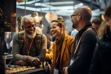 Close up picture of a happy and laughing staff or participant people group listening to a startup business owner at a trade show exhibition event. Generative AI. - obrazy, fototapety, plakaty