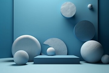 Abstract background with blue stone and rock shapes, minimalistic design for displaying podium or showcasing, rendered in 3D. Generative AI