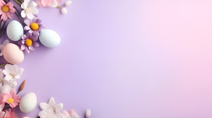 Fototapeta na wymiar Easter eggs with spring flowers and leaves. Top flat view with pastel pink and white colors background. Banner of sweet dyed eggs for Passover with copy space