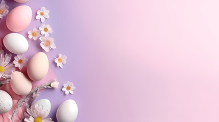 Fototapeta na wymiar Easter eggs with spring flowers and leaves. Top flat view with pastel pink and white colors background. Banner of sweet dyed eggs for Passover with copy space