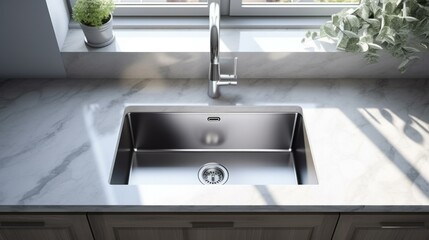 A modern kitchen sink with a sleek faucet and a view of the outdoors. Generative AI. - obrazy, fototapety, plakaty
