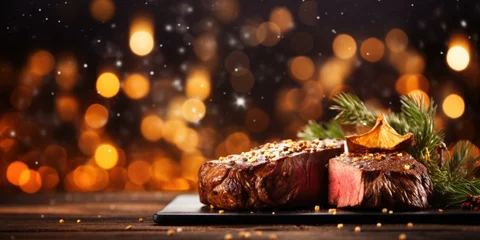  A festive steak adorned with Christmas decorations on a rustic wooden table, creating a warm and inviting holiday ambiance. Generative AI. © Natalia