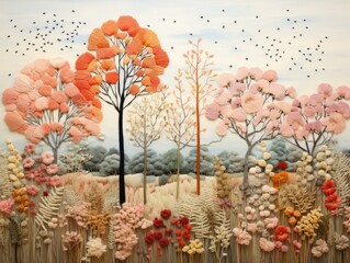 A beautiful needlework of trees, flowers, and birds in a serene setting. Generative AI.