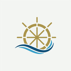 Ship and Boat Helm Steering Wheel on The Wave Water Ocean Logo Symbol - obrazy, fototapety, plakaty