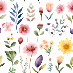 Seamless pattern of Asian flowers, watercolor, Wrapping paper pattern
