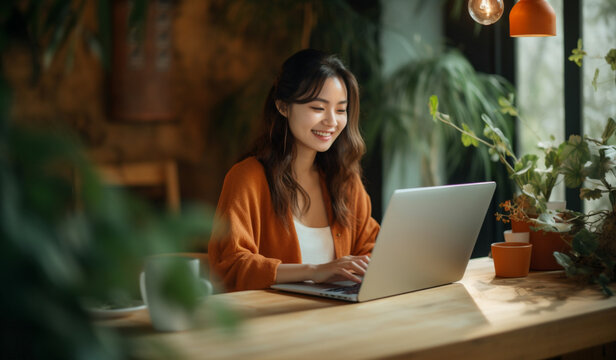 Serene Productivity: Woman Working in a Cozy Plant-Filled Space