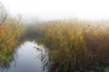 Misty reservoir early morning sog and mist