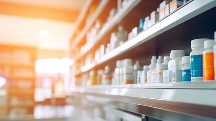 A drug store with medicine bottles lined up beautifully on the shelves. on a blurred background Concept of selling medicines, medical supplies, dietary supplements, medical equipment Close-up photo - obrazy, fototapety, plakaty