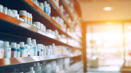 A drug store with medicine bottles lined up beautifully on the shelves. on a blurred background Concept of selling medicines, medical supplies, dietary supplements, medical equipment Close-up photo - obrazy, fototapety, plakaty