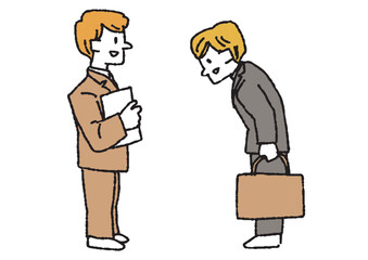 お辞儀をしているビジネスマンのイラスト　コミカルな手書きの人物　ベクター、線画にカラー