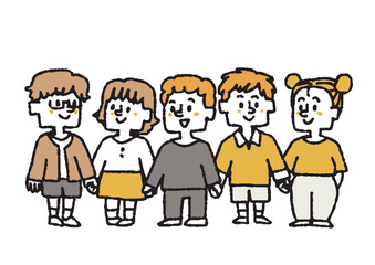 手を繋いで並んでいる5人の子供たちのイラスト　コミカルな手書きの人物　ベクター、線画にカラー