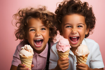 Beautiful sweet happy babies couple laughing, smiling, and eating ice cream, light pink pastel background