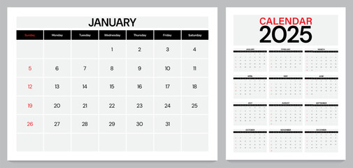 Calendar 2025 week start sunday corporate design template vector. - obrazy, fototapety, plakaty