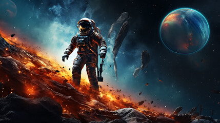 Astronaut floating in the space photo illustration, with moon and planet background, galaxy theme,...