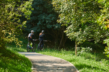 A blissful couple, adorned in professional cycling gear, enjoys a romantic bicycle ride through a park, surrounded by modern natural attractions, radiating love and happiness