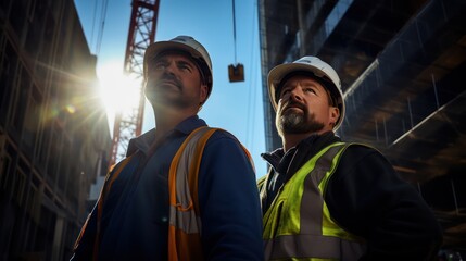 A Structural engineer and foreman standing looking ahead, focused faces, view from below.