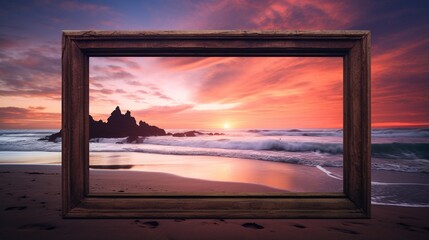 sunset on the beach and empty wooden photo frame generated by AI tool 