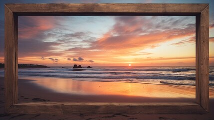 sunset on the beach and empty wooden photo frame generated by AI tool 