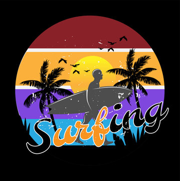 T- shirt surfing beach palm tree retro vintage illustration