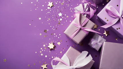 Celebrate with this present-themed image concept. Overhead shot of stunning lilac gift boxes, celebratory baubles, glistening stars, sequins against purple background, perfect for personalized message