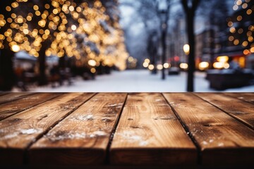 Wooden table covered with snow Empty space with an illuminated Christmas town square. Generative AI. - obrazy, fototapety, plakaty