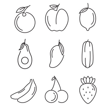 fruit icon set  line style  orange  avocado  banana  cherry  papaya  strawberry  lemon  mango  apple  vector design template