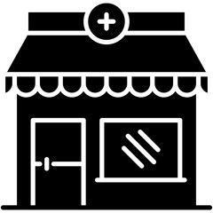 Pharmacy Icon. Medical Retail Store Pictogram Graphic Illustration. Isolated Simple Solid Icon For Infographic, App and Web Button.