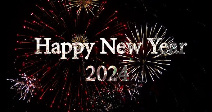 Happy New Year 2024 seasonal background illumination fireworks in midnight sky firework sparkler banner in celebrating 4K video
