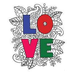 Love lettering  hand drawn doodle art illustration vector, isolated in colorfull background