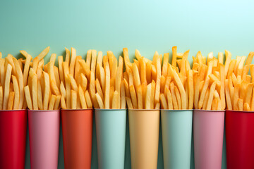French fries inside colored cones, with copy space - obrazy, fototapety, plakaty