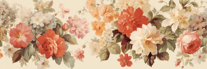 ビンテージな雰囲気の華やかな花々の背景イラスト