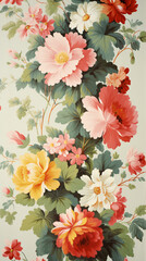 ビンテージな雰囲気の華やかな花々の背景イラスト