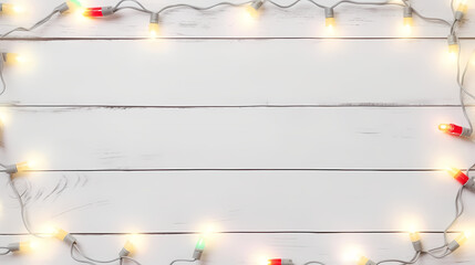 Fototapeta premium Christmas lights bulb frame decoration on white wood. Merry Christmas and New Year holiday background. top view