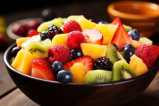 A bowl of colorful fruit salad, low angle shot, Jurassic