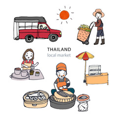 Thailand street food market, hand drawn style vector illustration.