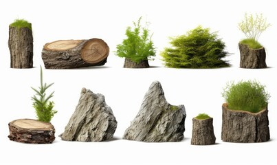 Cutout forest montage pack collection set stump wood shrubs rocks 3d rendering, Generative AI  - obrazy, fototapety, plakaty