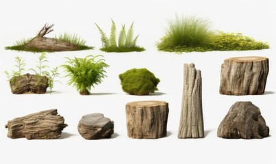 Cutout forest montage pack collection set stump wood shrubs rocks 3d rendering, Generative AI  - obrazy, fototapety, plakaty
