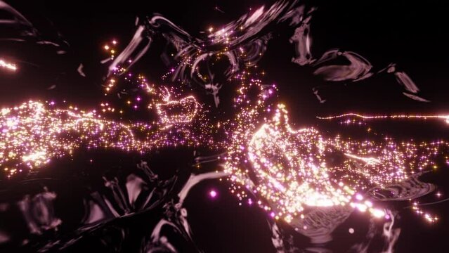 Abstract background with moving flickering particles. Design. Red bended tubes with duat glowing particles.